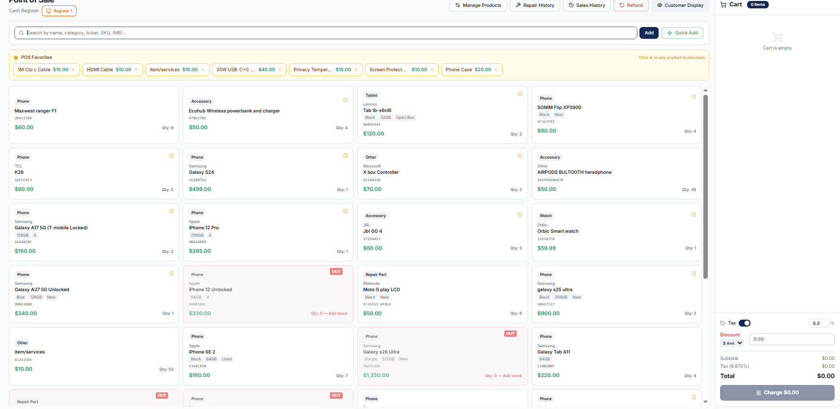 RepairBiz point of sale showing phone and accessory product cards, search, and checkout