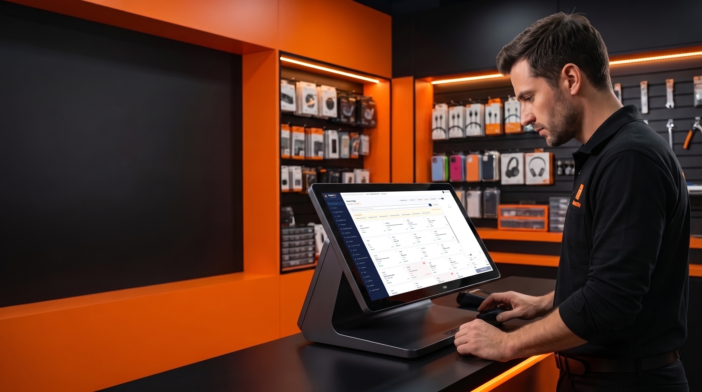 Repair shop worker operating the point-of-sale terminal at the counter